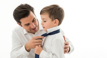 A father assists his young son in tying a tie.