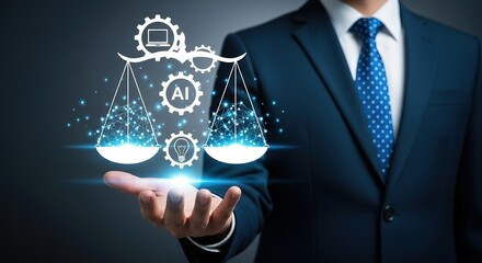 Man in suit holds scales of justice symbolizing ai and innovation in business
