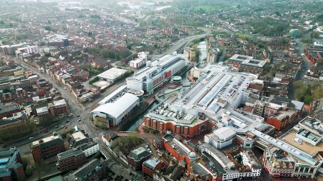 Aerial shot over Reading Center. Daytime Berkshire UK