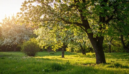Naklejka premium Blooming trees in a sun-drenched meadow