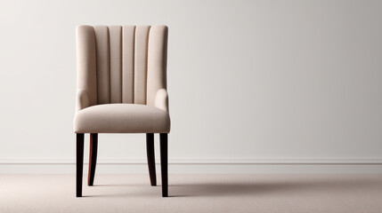 A modern beige upholstered chair with dark wooden legs sits alone against a plain off-white wall on a carpeted floor.