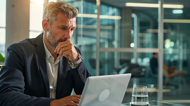 corporate businessman deep in thought at a sleek desk in a modern glass office, focused on problem-solving and reviewing data on a laptop