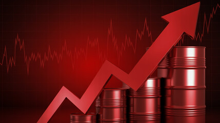 A dark red financial chart background with a large upward-pointing arrow in the same red color.