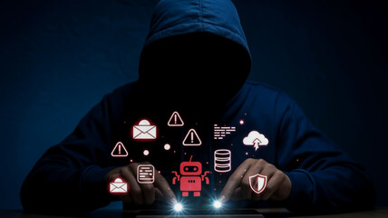 A dark, moody digital illustration of a hooded figure in a navy blue hoodie against a deep blue background.