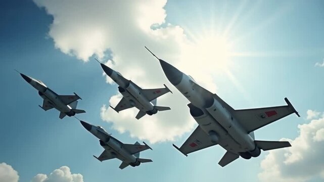 Realistic image of three military fighter jets flying in formation across a clear blue sky. A powerful and clean aviation scene with no visible markings.
