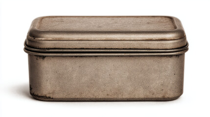 A close-up of a vintage rectangular metal tin box with a textured, weathered surface and a fitted lid.