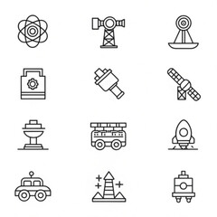 fully editable outline icon collection from astronomy concept. thin line icons set such as planetarium, aerolite, big telescope, little extraterrestrial, seta lite, car, bus, rocket,  switch  