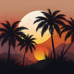 Silhouetted Palm Trees Against Vibrant Sunset Over Tropical Mountains