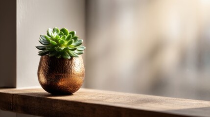 Green Succulent in Gold Pot on Wooden Windowsill