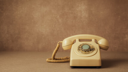 A vintage beige rotary dial telephone sits on a flat surface against a textured brown background.