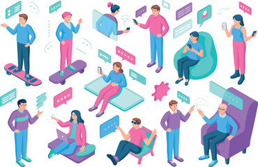 Isometric illustration of people communicating with chat bubbles and using technology devices


