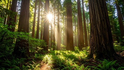 Fototapeta premium Sunlight filtering through giant redwood trees
