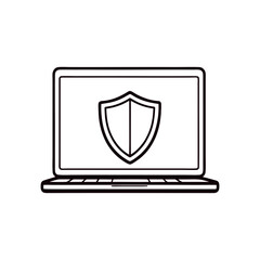 Cybersecurity concept with doodle laptop and shield icon, black line vector illustration representing online safety, antivirus, and digital privacy for IT blogs and websites on transparent background.