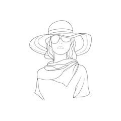 Chic Caucasian woman with sunglasses and wide sunhat in resort wear, hand-drawn doodle fashion portrait perfect for luxury vacation ads and summer content on transparent background.