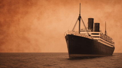 A large vintage ocean liner sails on calm waters under a sepia-toned sky, evoking a nostalgic maritime atmosphere.