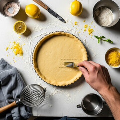 Top-down rustic kitchen scene of male hand pricking raw lemon tart crust with a fork. Soft daylight, scattered zest and flour copy