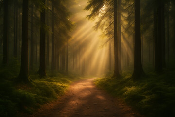 Obraz premium Sunlit Path in Dense Forest with Morning Mist