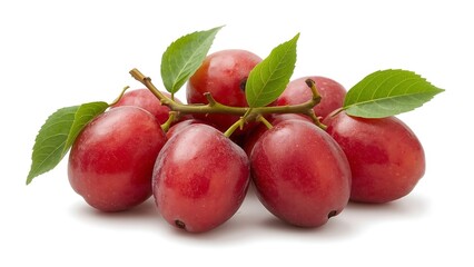 Ripe Chinese Plums with Green Leaf Isolated on White Background – Fresh Fruit Image with Clipping Paths for Design and Commercial Use