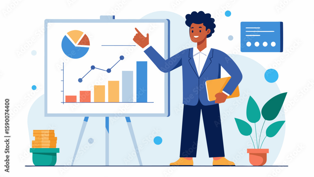 Poster a supervisor standing in front of a whiteboard pointing at charts and graphs and leading a discussio