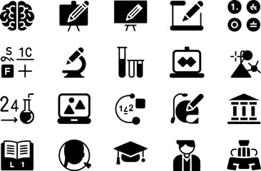 Fototapeta premium A collection of black and white icons representing education and learning related activities