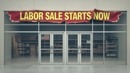 Torn red banner with yellow text reading labor sale starts now hangs above a store entrance with double glass doors and an american flag displayed inside