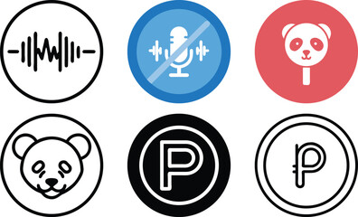 Vector art of collection of app icons including sound waves, a panda, and the letter p, isolated on transparent background
