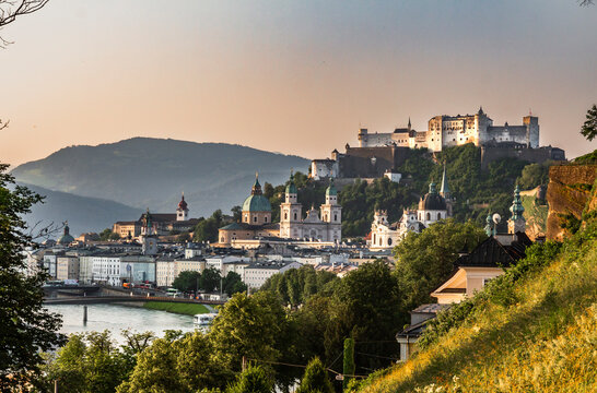 View of Salzburg from Monchsberg hill, with Salzach river, cathedral, castle and hills in background