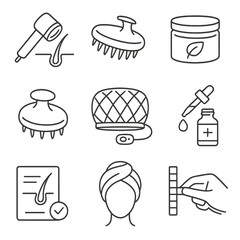 Fototapeta premium Scalp Treatment Icons. Line style icons of Scalp Treatment Session: scalp magnifying scope, silicone scalp brush, detox clay mask