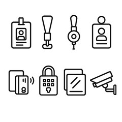 Security Icons Set. Line style icons of Security & ID Station: ID badge, lanyard clip, badge reel, visitor pass, keycard reader,