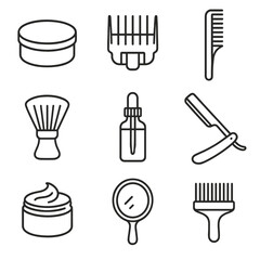 Men's Grooming Icons. Line style icons of Men’s Grooming Corner: matte pomade tin, clipper guard set, fade comb, soft neck duster,