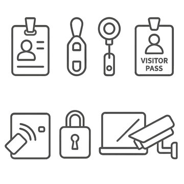 Security Icons Set. Line style icons of Security & ID Station: ID badge, lanyard clip, badge reel, visitor pass, keycard reader,
