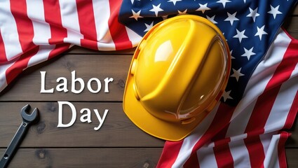 Celebrating american labor day with a hard hat and wrench on a wooden surface with the us flag