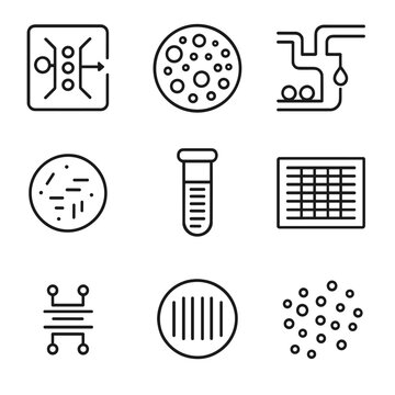 Single-Cell Genomics Icons. Line style icons of Single-Cell Genomics: microfluidic chip, single-cell bead, droplet generator,