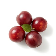 Ripe Chinese Plums with Green Leaf Isolated on White Background &ndash; Fresh Fruit Image with Clipping Paths for Design and Commercial Use