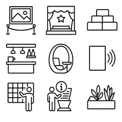 Cultural Space Icons. Line style icons of Cultural & Social Spaces: art gallery panel, performance stage, seating tier, café
