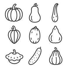 Gourd Line Icons. Line style icons of Gourds & Squashes: pumpkin, butternut squash, zucchini, acorn squash, spaghetti squash,