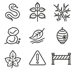 Hazard Recognition Icons. Line style icons of Hazard Recognition: snake silhouette, nettle plant, thorn bush, unstable rock,