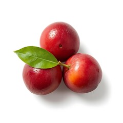 Obraz premium Ripe Chinese Plums with Green Leaf Isolated on White Background – Fresh Fruit Image with Clipping Paths for Design and Commercial Use