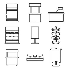 Retail Display Icons. Outline style icons of Retail Store Focal Displays: end-cap shelf, promotional kiosk, checkout counter,