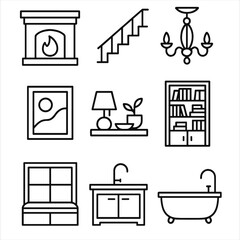 Show Home Icons. Outline style icons of Show Home Focal Features: model fireplace, feature staircase, designer chandelier, accent