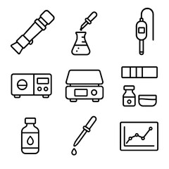 Fototapeta premium Salt Chemistry Icons. Outline style icons of Salt Chemistry Assays: refractometer, titration flask, conductivity probe,