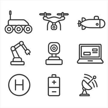 Unmanned Systems Icons. Outline style icons of Unmanned Systems: ground UGV robot, aerial drone quadcopter, underwater UUV,
