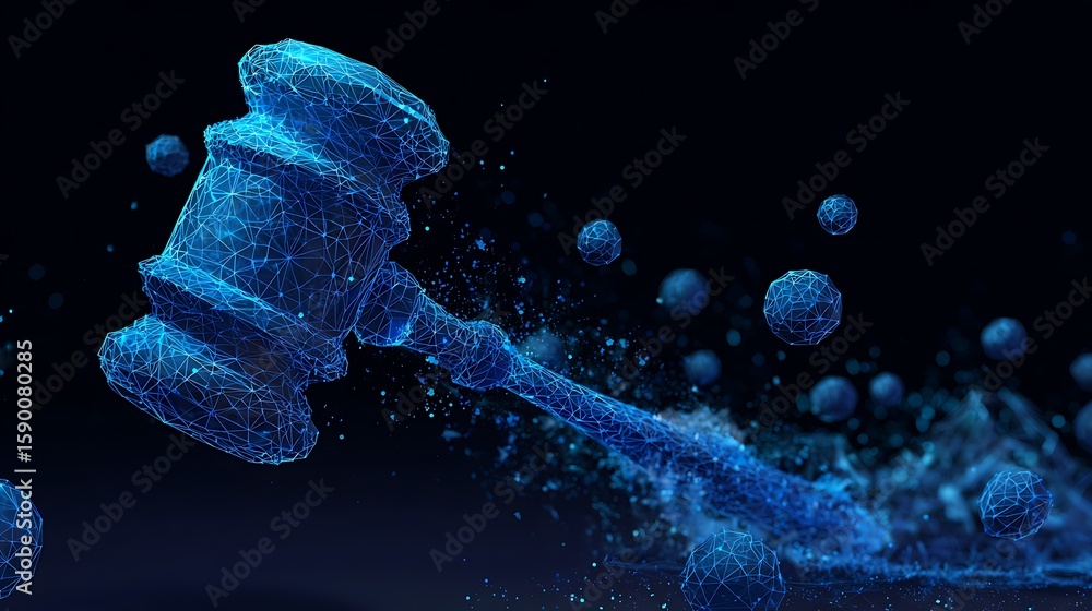 Poster a digital gavel made of blue lines and dots floating in a dark space with blue spheres around it