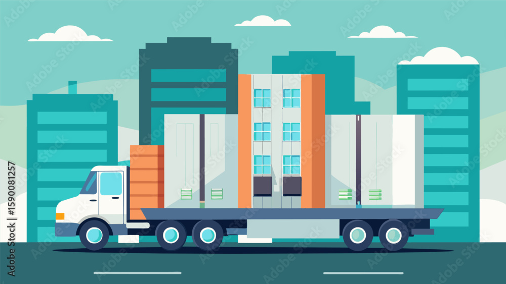 Poster a series of modular bathroom units being transported and stacked on a flatbed truck before being ins