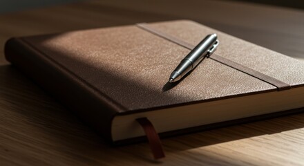 Closed brown journal with a pen on a wooden table. Writing, planning, or studying concept. For business, education or personal use.