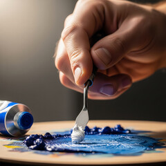 Obraz premium Close-up of an artist's hand using a palette knife to mix white and blue oil paints on a wooden palette, highlighting the creative process of painting