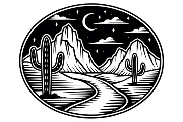 Fototapeta premium Black and white desert landscape with cacti and mountains at night