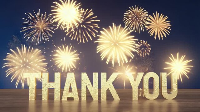 Golden 'Thank You' message with fireworks.