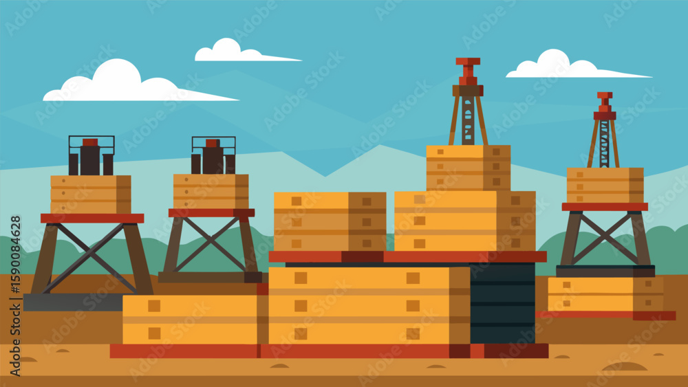 Poster a line of large wooden crates sits at the edge of a fracking site each containing specialized tools 