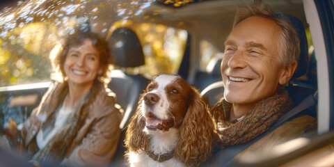 Heartwarming scene of elderly couple with their happy dog, springer spaniel, sharing a moment of pure joy during scenic car journey, bathed in warm autumn. Themes of travel, companionship, happiness